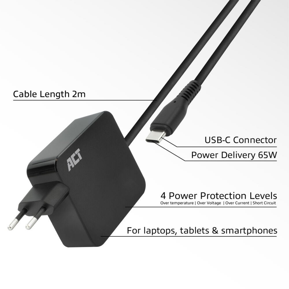 ACT AC2010 | Universele USB-C Notebook Lader | 65 Watt PDP | 2 Meter - Matmuis