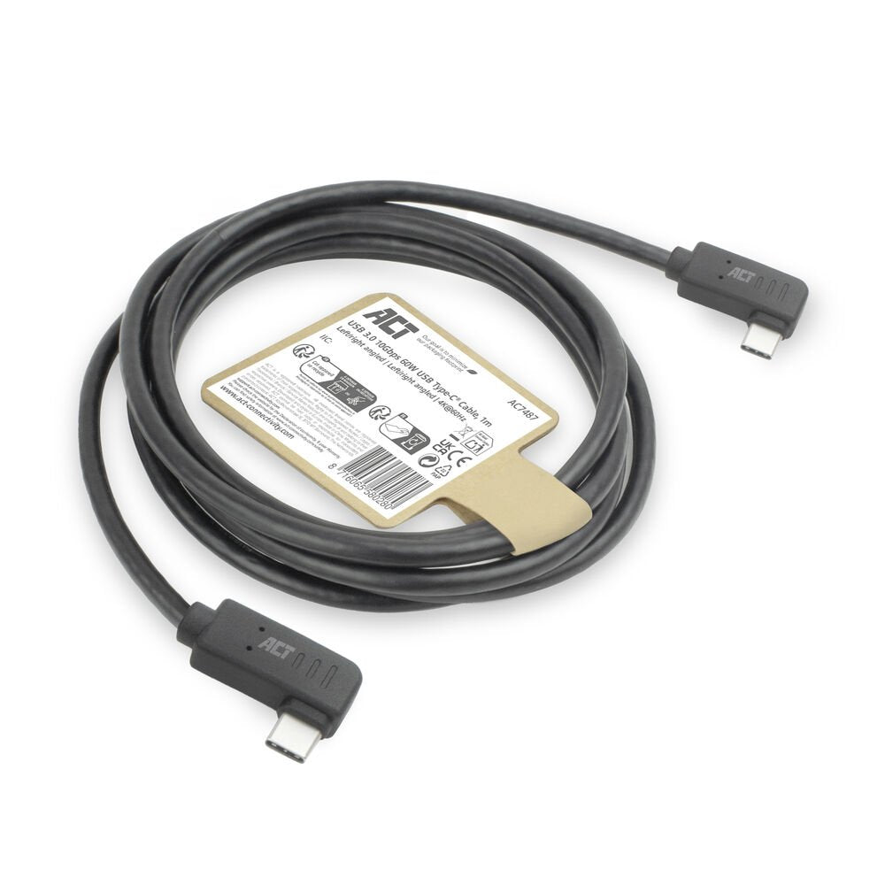 ACT AC7487 | USB 3.2 Gen 2 Kabel | USB-C (haaks links/rechts) naar USB-C (haaks links/rechts) | 60W | 10Gbps | 1m | Zwart - Matmuis - Matmuis