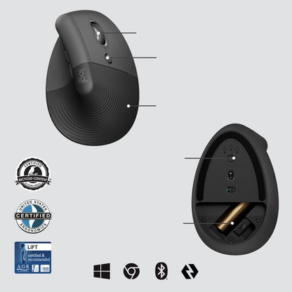 Logitech Lift for Business | Ergonomische Draadloze Muis | Rechtshandig | RF + Bluetooth | 4000 DPI | Grafiet - Matmuis - Matmuis