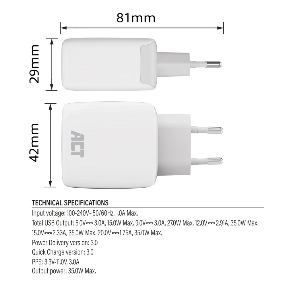 ACT AC2135 | USB-C Lader 35W | Power Delivery PPS & GaNFast