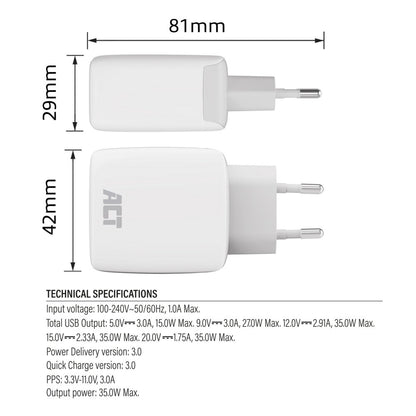 ACT AC2135 | USB-C Lader 35W | Power Delivery PPS & GaNFast