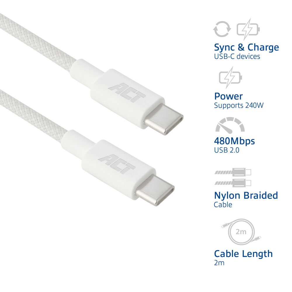 ACT AC3085 | USB 2.0 Kabel | USB-C naar USB-C | 240W | 480Mbps | Wit | 2 Meter - Matmuis - Matmuis