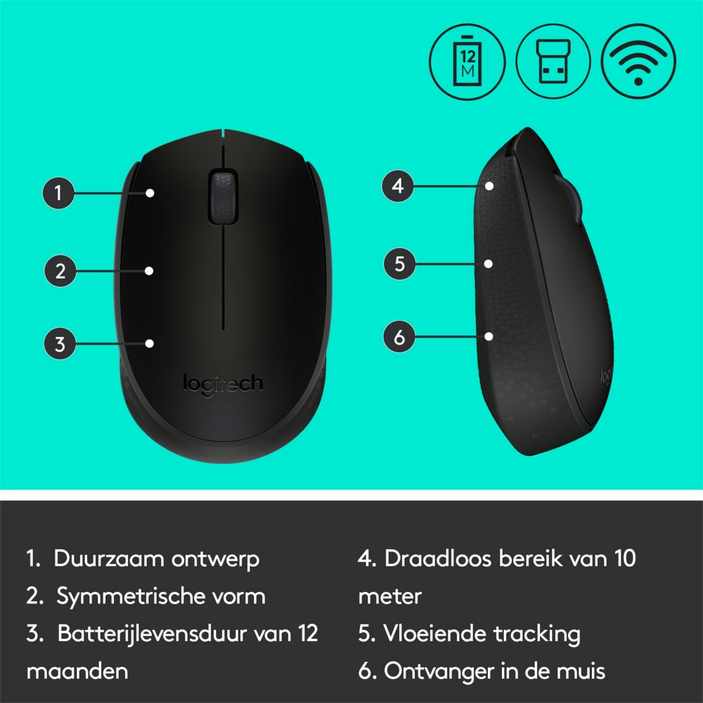 Logitech M171 | Draadloze Muis | Links- en Rechtshandig | RF | 1000 DPI | Zwart - Matmuis - Matmuis