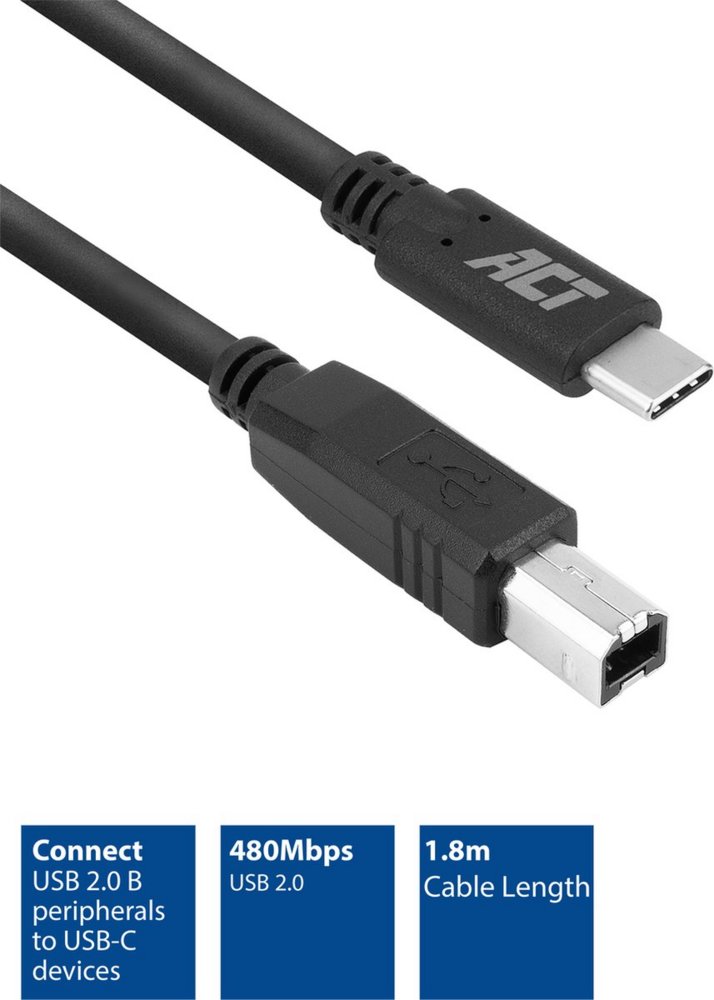 ACT | USB 2.0 Kabel | USB-C naar USB-B | 1,8m | Zwart - Matmuis