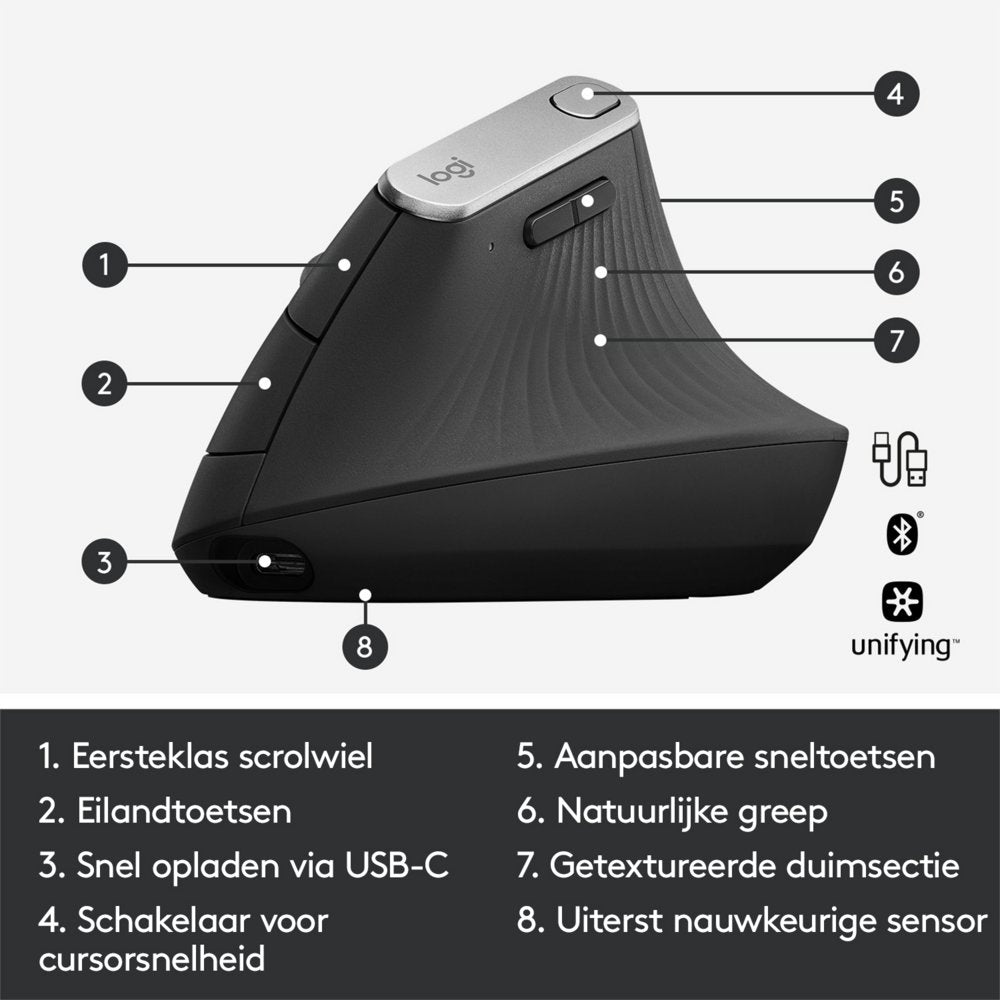 Logitech MX Vertical | Draadloze Ergonomische Muis | Rechtshandig | RF + Bluetooth + USB-C | 4000 DPI suggestie | Grafiet - Matmuis - Matmuis