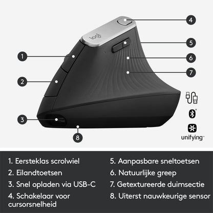 Logitech MX Vertical | Draadloze Ergonomische Muis | Rechtshandig | RF + Bluetooth + USB-C | 4000 DPI suggestie | Grafiet - Matmuis - Matmuis