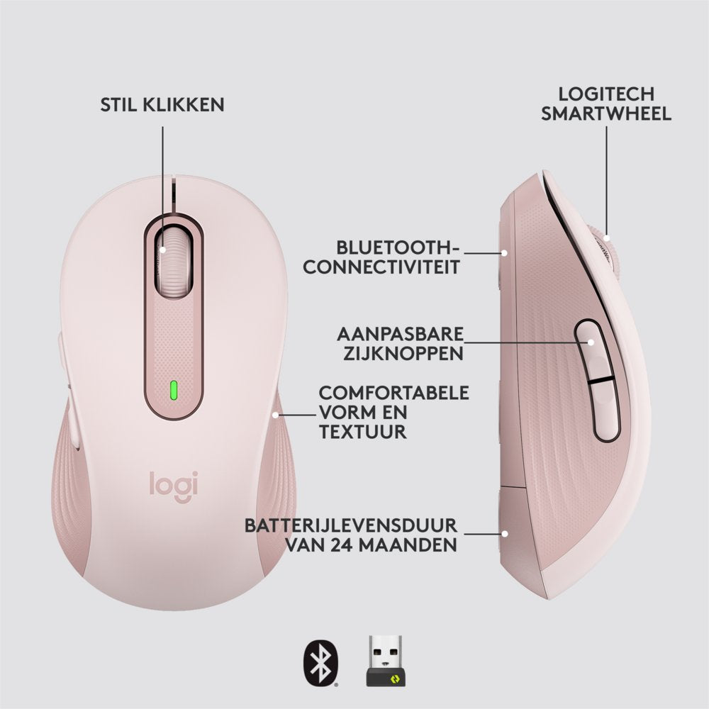 Logitech Signature M650 | Draadloze Muis | Rechtshandig | RF + Bluetooth | 2000 DPI | Roze - Matmuis - Matmuis