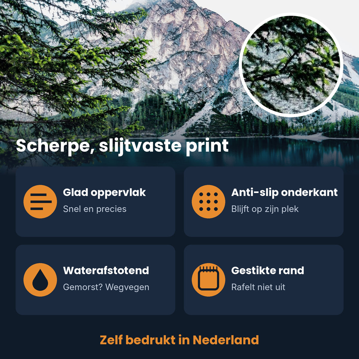Print XXL muismat Nature Alpine Lake met kenmerken: glad, anti-slip, waterafstotend, gestikte rand