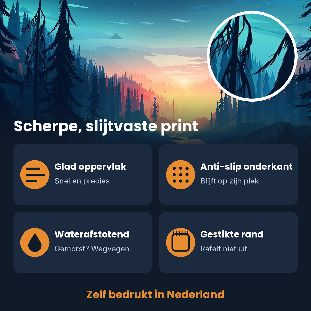 Print XXL muismat Night Forest River met kenmerken: glad, anti-slip, waterafstotend, gestikte rand