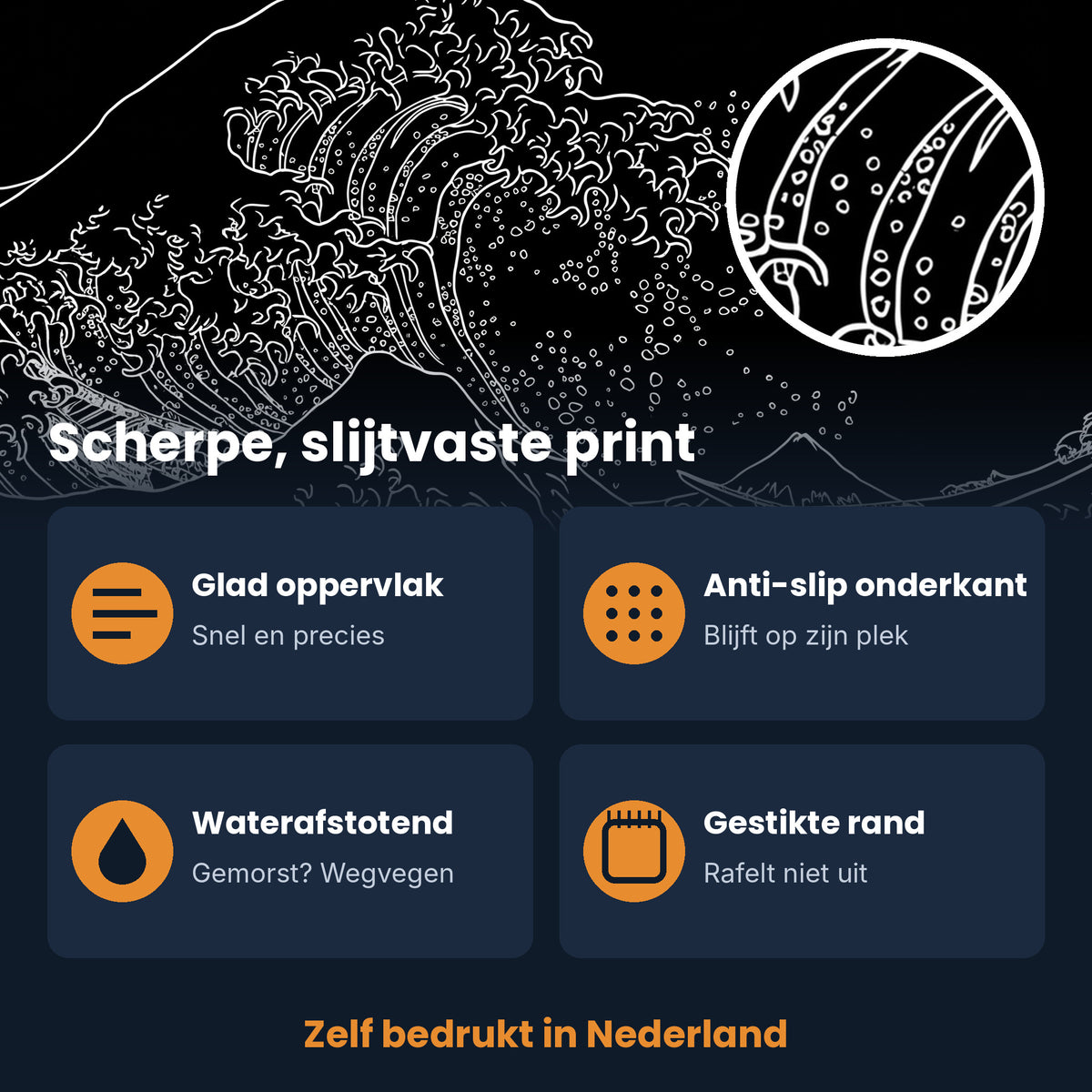 Print XXL muismat Wave Trace Black met kenmerken: glad, anti-slip, waterafstotend, gestikte rand