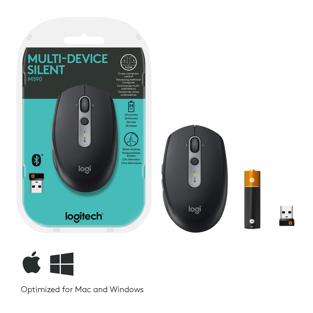 Logitech M590 Multi-Device Silent | Draadloze Muis | Rechtshandig | RF + Bluetooth | 1000 DPI | Zwart - Matmuis - Matmuis