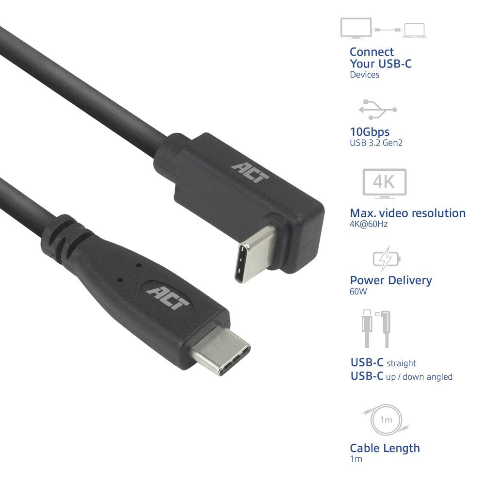 ACT AC7471 | USB 3.2 Gen 2 Kabel | USB-C (recht) naar USB-C (haaks boven/beneden) | 60W | 10Gbps | 1m | Zwart - Matmuis - Matmuis