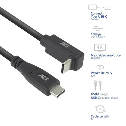 ACT AC7471 | USB 3.2 Gen 2 Kabel | USB-C (recht) naar USB-C (haaks boven/beneden) | 60W | 10Gbps | 1m | Zwart - Matmuis - Matmuis