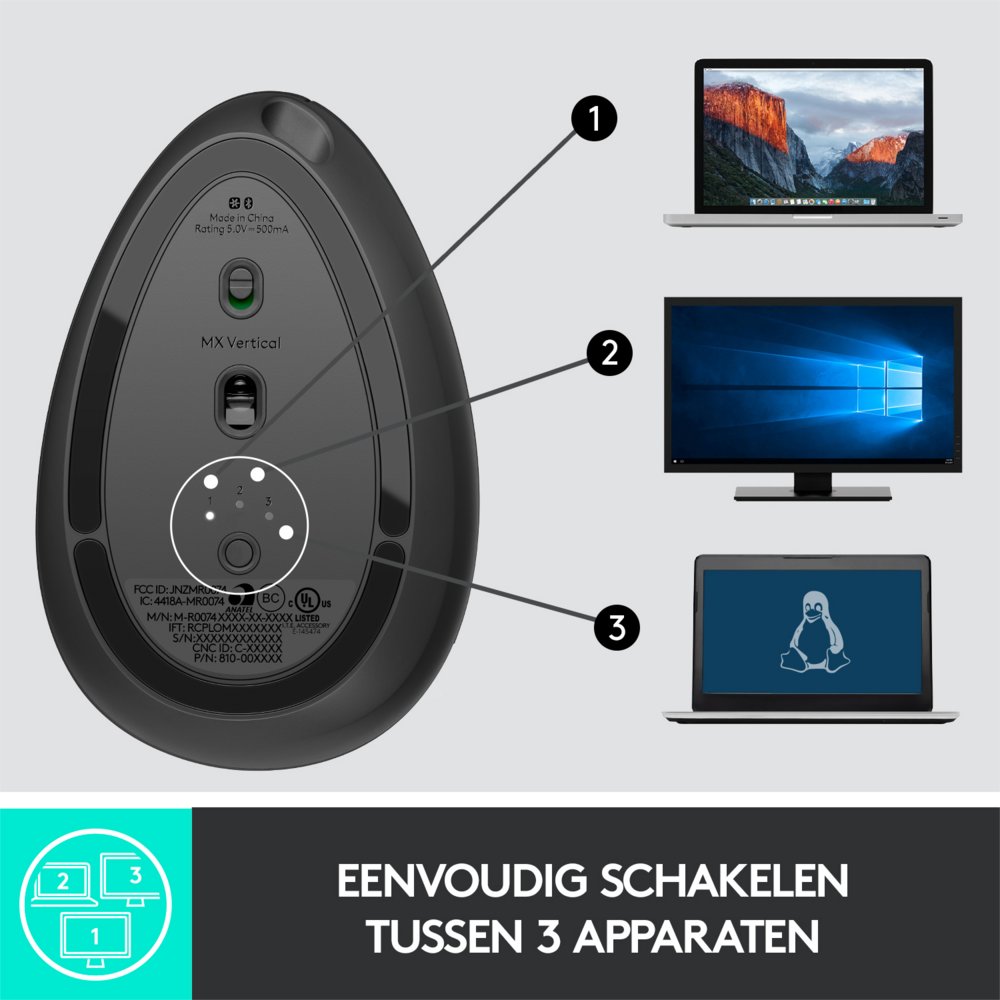 Logitech MX Vertical | Draadloze Ergonomische Muis | Rechtshandig | RF + Bluetooth + USB-C | 4000 DPI suggestie | Grafiet - Matmuis - Matmuis