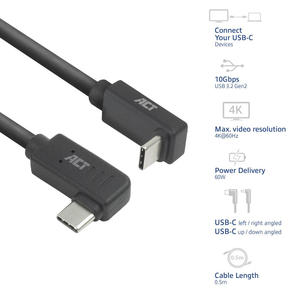 ACT AC7480 | USB 3.2 Gen 2 Kabel | USB-C (haaks links/rechts) naar USB-C (haaks boven/beneden) | 60W | 10Gbps | 0,5m | Zwart - Matmuis - Matmuis