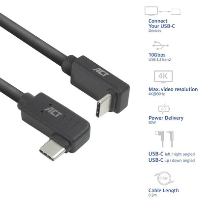 ACT AC7480 | USB 3.2 Gen 2 Kabel | USB-C (haaks links/rechts) naar USB-C (haaks boven/beneden) | 60W | 10Gbps | 0,5m | Zwart - Matmuis - Matmuis