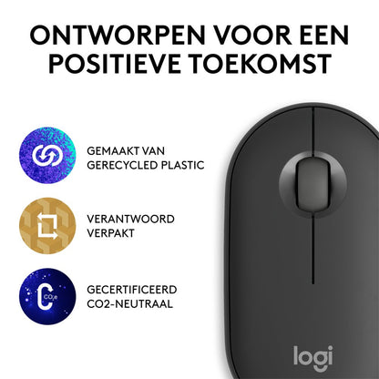 Logitech Pebble 2 M350s | Draadloze Muis | Links- en Rechtshandig | RF + Bluetooth | 4000 DPI | Grafiet - Matmuis - Matmuis