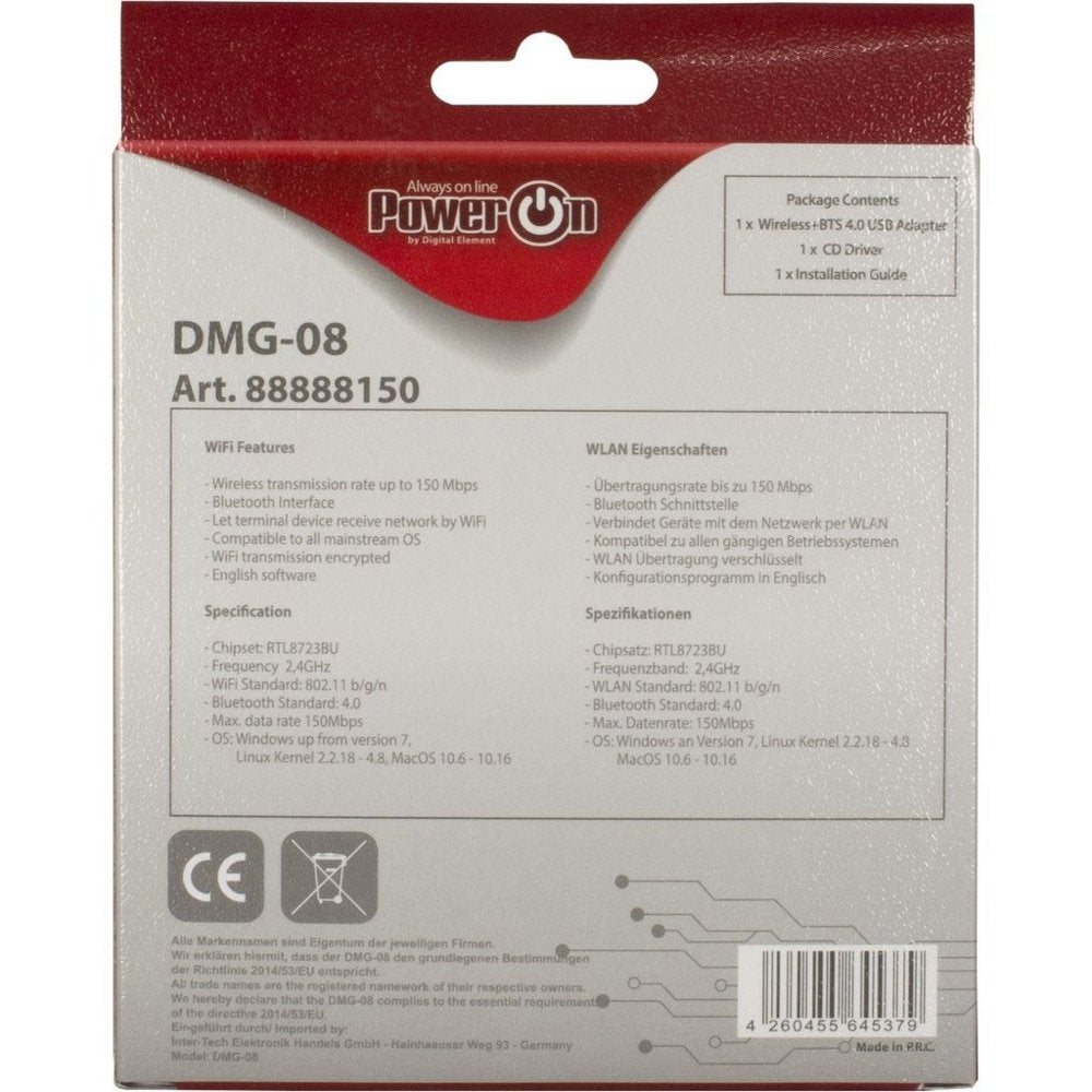 Inter-Tech DMG-08 | Wi-Fi 4 & Bluetooth 4.0 USB Adapter | 150 Mbps | 2,4 GHz | USB 2.0 | Zwart - Matmuis - Matmuis
