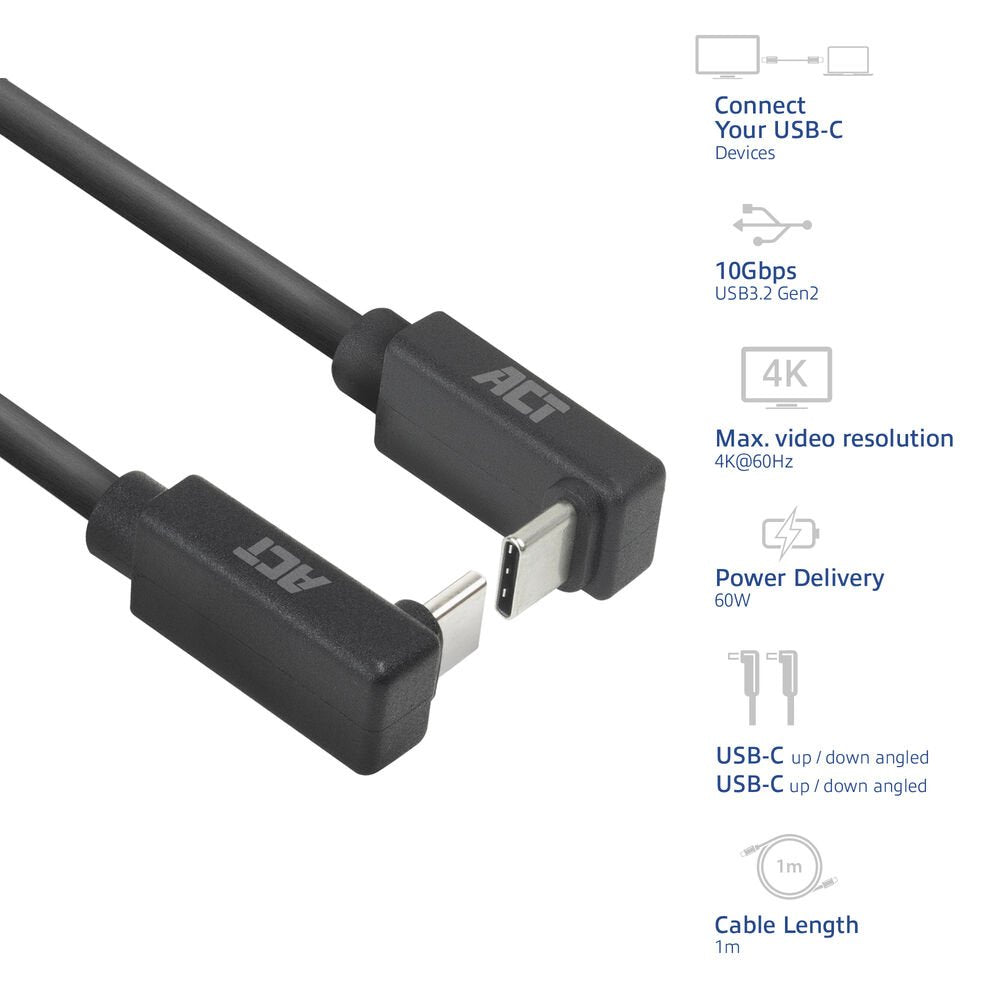 ACT AC7477 | USB 3.2 Gen 2 Kabel | USB-C (haaks boven/beneden) naar USB-C (haaks boven/beneden) | 60W | 10Gbps | 1m | Zwart - Matmuis - Matmuis