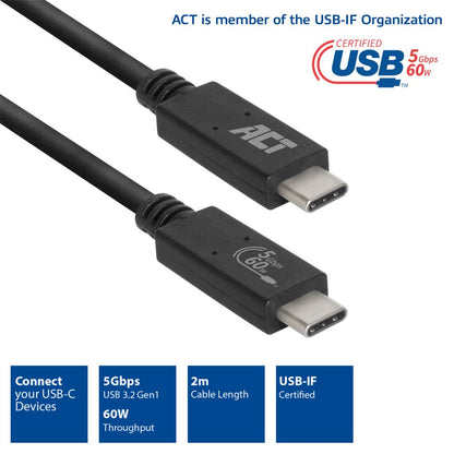 ACT AC7402 | USB 3.2 Gen 1 Kabel | USB-C naar USB-C | 2m | Zwart - Matmuis - Matmuis