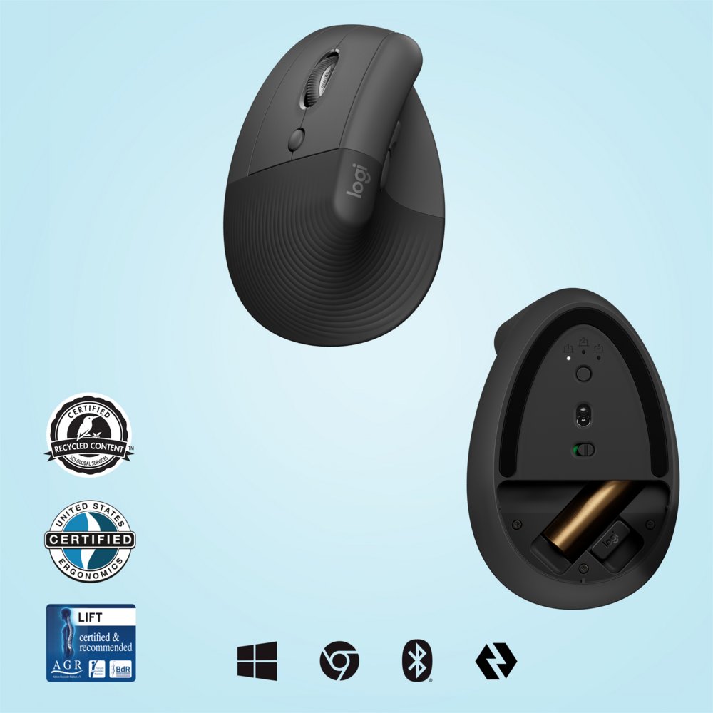 Logitech Lift | Ergonomische Draadloze Muis | Linkshandig | RF + Bluetooth | 4000 DPI | Grafiet - Matmuis - Matmuis
