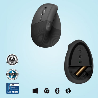Logitech Lift | Ergonomische Draadloze Muis | Linkshandig | RF + Bluetooth | 4000 DPI | Grafiet - Matmuis - Matmuis