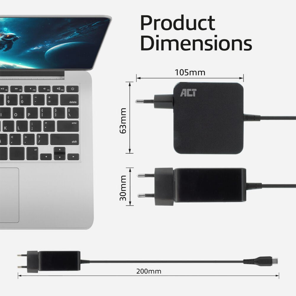 ACT AC2010 | Universele USB-C Notebook Lader | 65 Watt PDP | 2 Meter - Matmuis