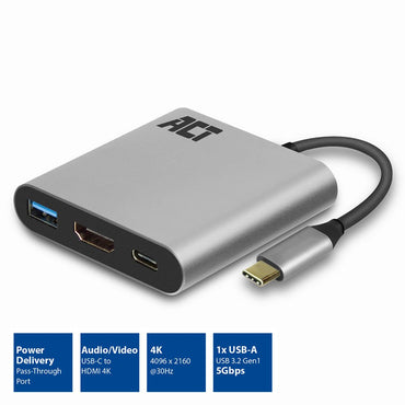 ACT AC7022 | USB-C naar HDMI Female Adapter | PD Pass-Through 60W | 4K | USB-A - Matmuis - Matmuis