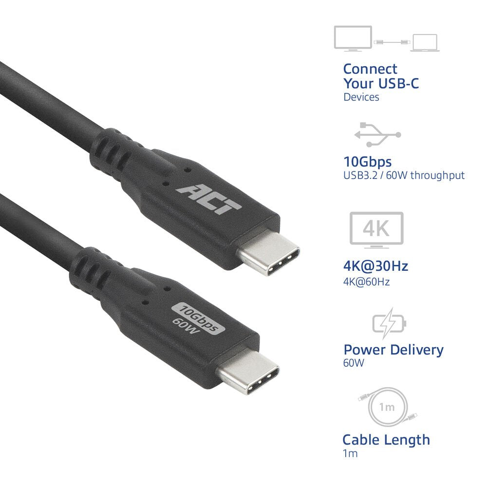 ACT | USB 3.0 Kabel | 10Gbps | 60W | USB-C naar USB-C | 1m | Zwart - Matmuis - Matmuis