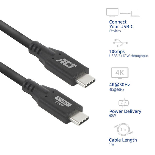 ACT | USB 3.0 Kabel | 10Gbps | 60W | USB-C naar USB-C | 1m | Zwart - Matmuis - Matmuis