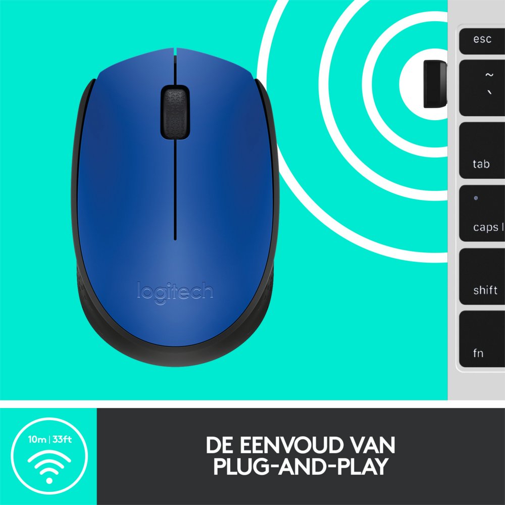 Logitech M171 | Draadloze Muis | Links- en Rechtshandig | RF | 1000 DPI | Zwart/Blauw - Matmuis - Matmuis
