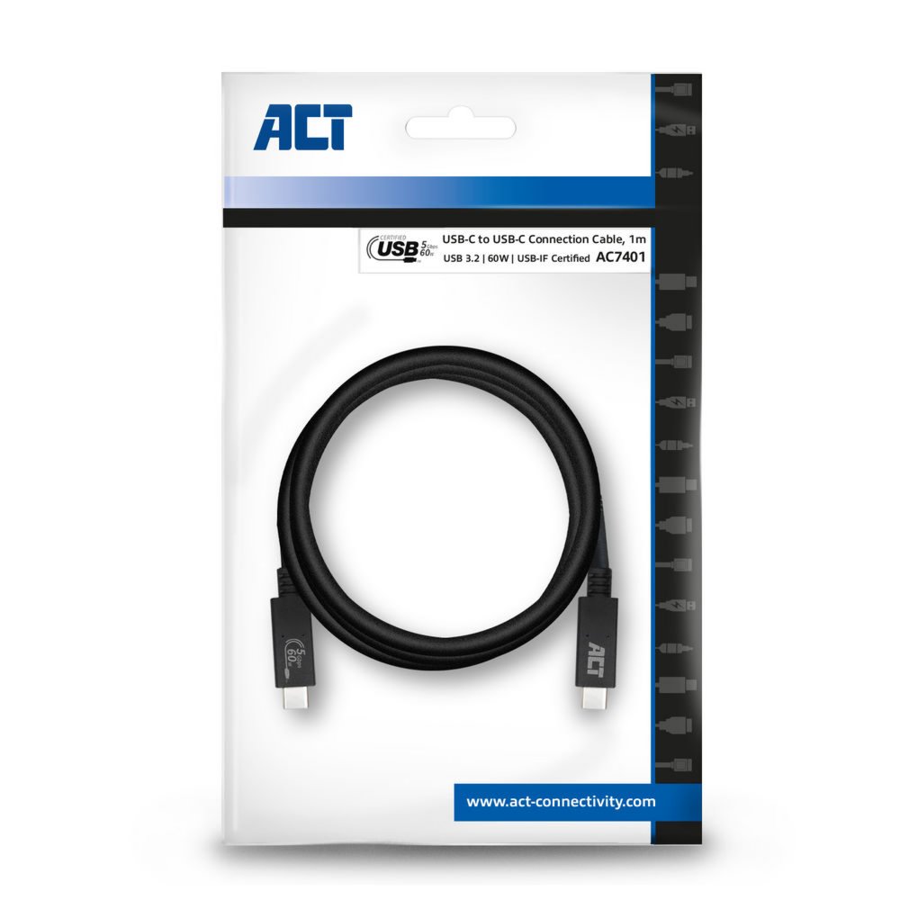ACT AC7401 | USB 3.2 Gen 1 Kabel | USB-C naar USB-C | 1m | Zwart - Matmuis - Matmuis