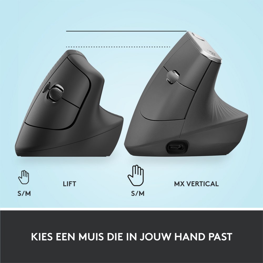 Logitech Lift | Ergonomische Draadloze Muis | Rechtshandig | RF + Bluetooth | 4000 DPI | Grafiet - Matmuis - Matmuis