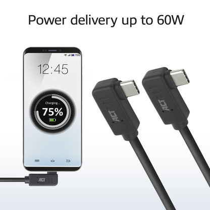 ACT AC7487 | USB 3.2 Gen 2 Kabel | USB-C (haaks links/rechts) naar USB-C (haaks links/rechts) | 60W | 10Gbps | 1m | Zwart - Matmuis - Matmuis