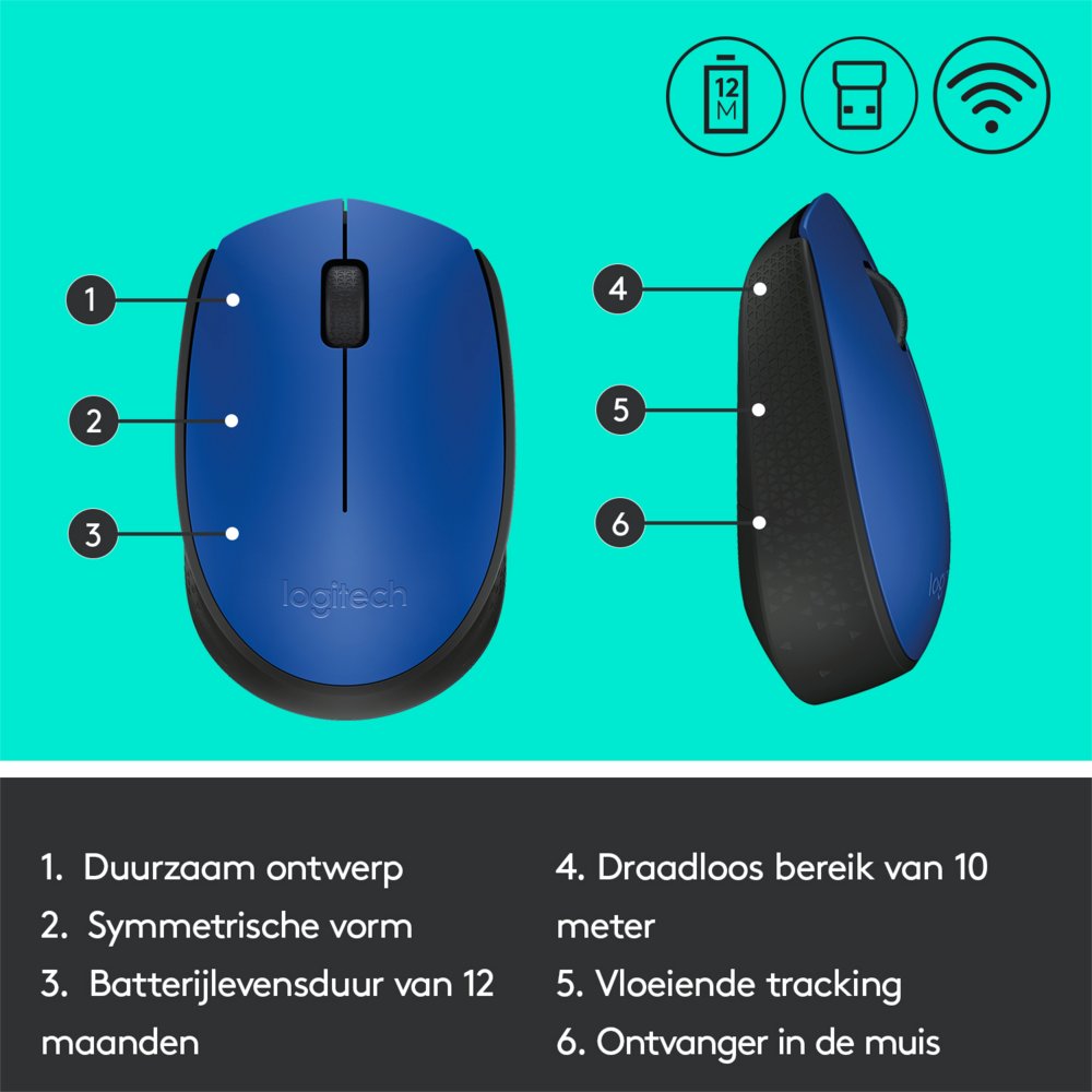 Logitech M171 | Draadloze Muis | Links- en Rechtshandig | RF | 1000 DPI | Zwart/Blauw - Matmuis - Matmuis