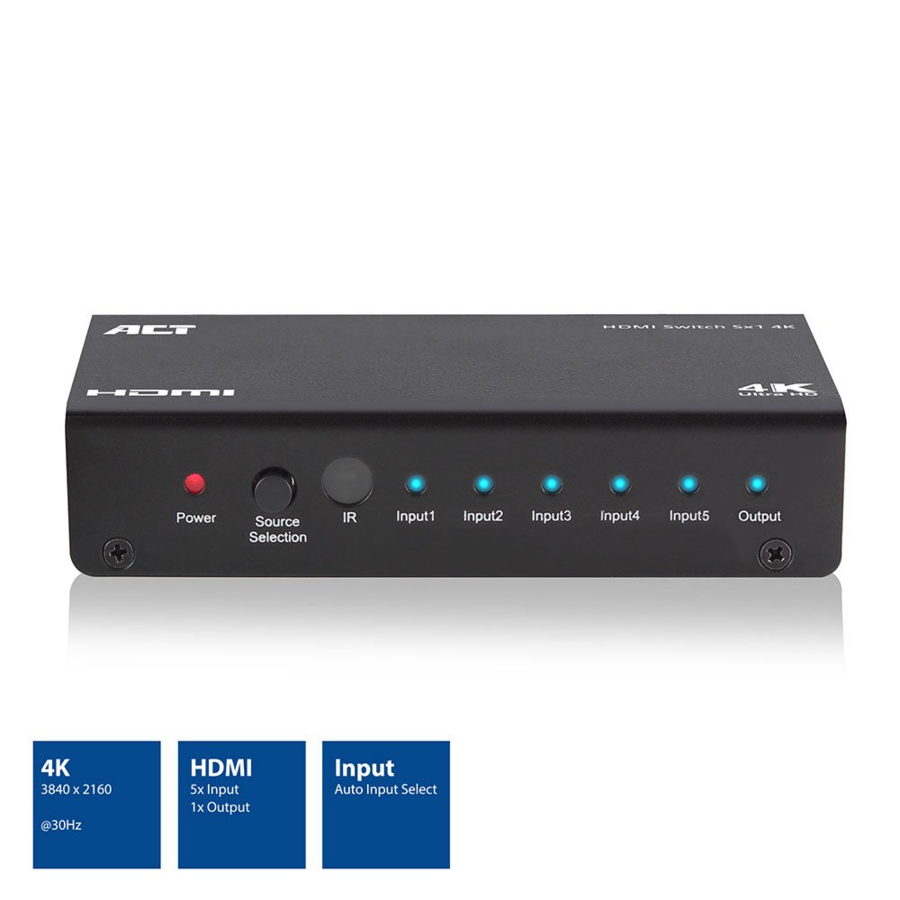 ACT AC7840 HDMI Switch | 5 Ingangen | 1 Uitgang | 4K @ 30Hz | Inclusief Afstandsbediening - Matmuis - Matmuis