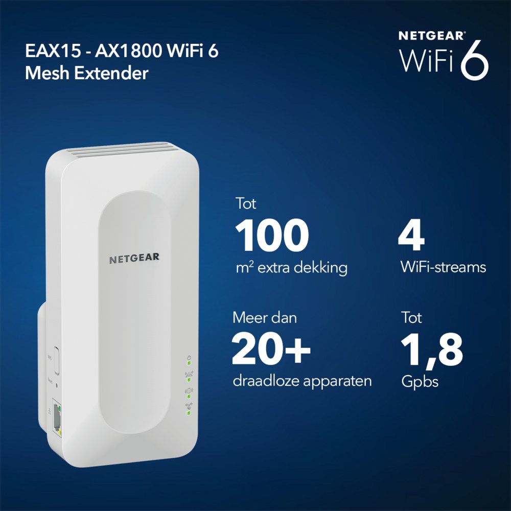 NETGEAR EAX15 | Wi-Fi 6 Mesh Extender | Dual-band | 1800 Mbps | Gigabit Ethernet | Wit - Matmuis - Matmuis