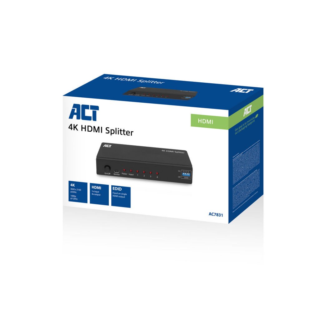 ACT AC7831 | HDMI Splitter | 1 Ingang, 4 Uitgangen | 4K @ 60Hz | Zwart - Matmuis - Matmuis