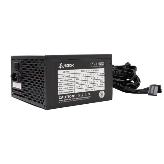 SBOX Voeding | 400W | 120 mm Fan | 140 mm Lengte | 24-pin + 4/8-pin CPU | 3× SATA | PCI-E 6-pin | Molex | Zwart Metaal | RETAIL - Matmuis
