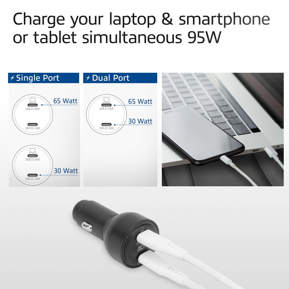 ACT AC2210 | 2 Poorts USB-C Autolader 95W | Power Delivery PPS & Quick Charge 5 | GaNFast