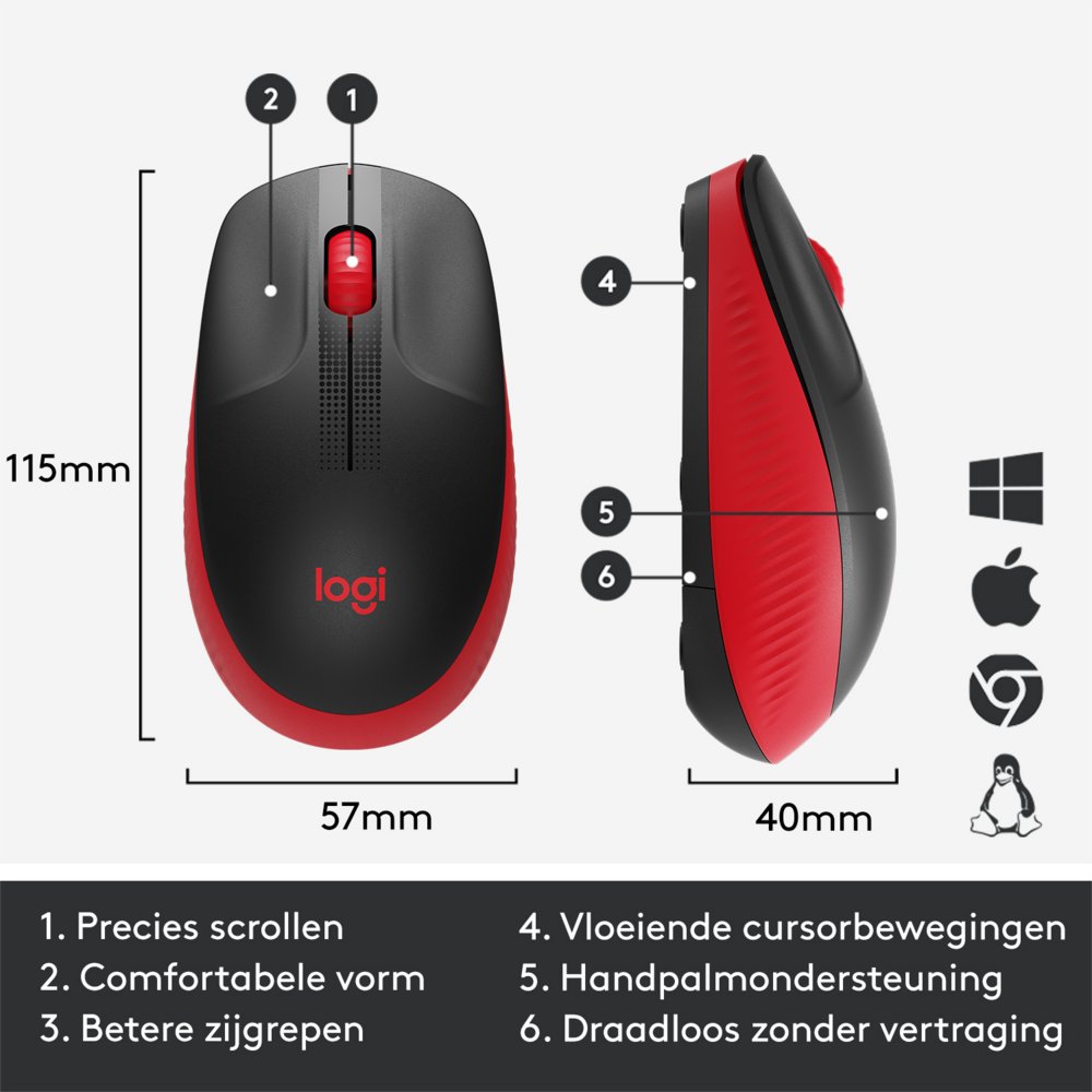 Logitech M190 | Draadloze Muis | Links- en Rechtshandig | RF | 1000 DPI | Zwart/Rood - Matmuis