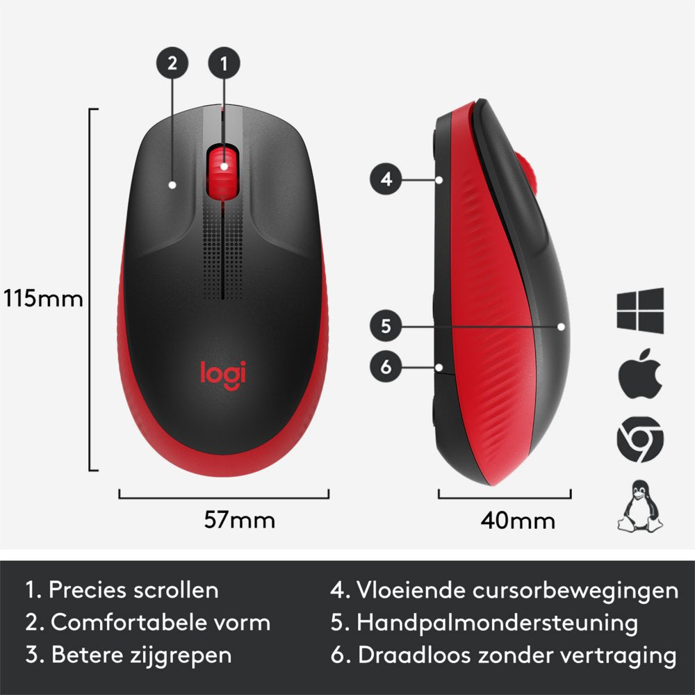 Logitech M190 | Draadloze Muis | Links- en Rechtshandig | RF | 1000 DPI | Zwart/Rood - Matmuis - Matmuis
