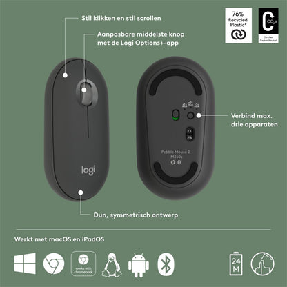 Logitech Pebble 2 M350s | Draadloze Muis | Links- en Rechtshandig | RF + Bluetooth | 4000 DPI | Grafiet - Matmuis - Matmuis