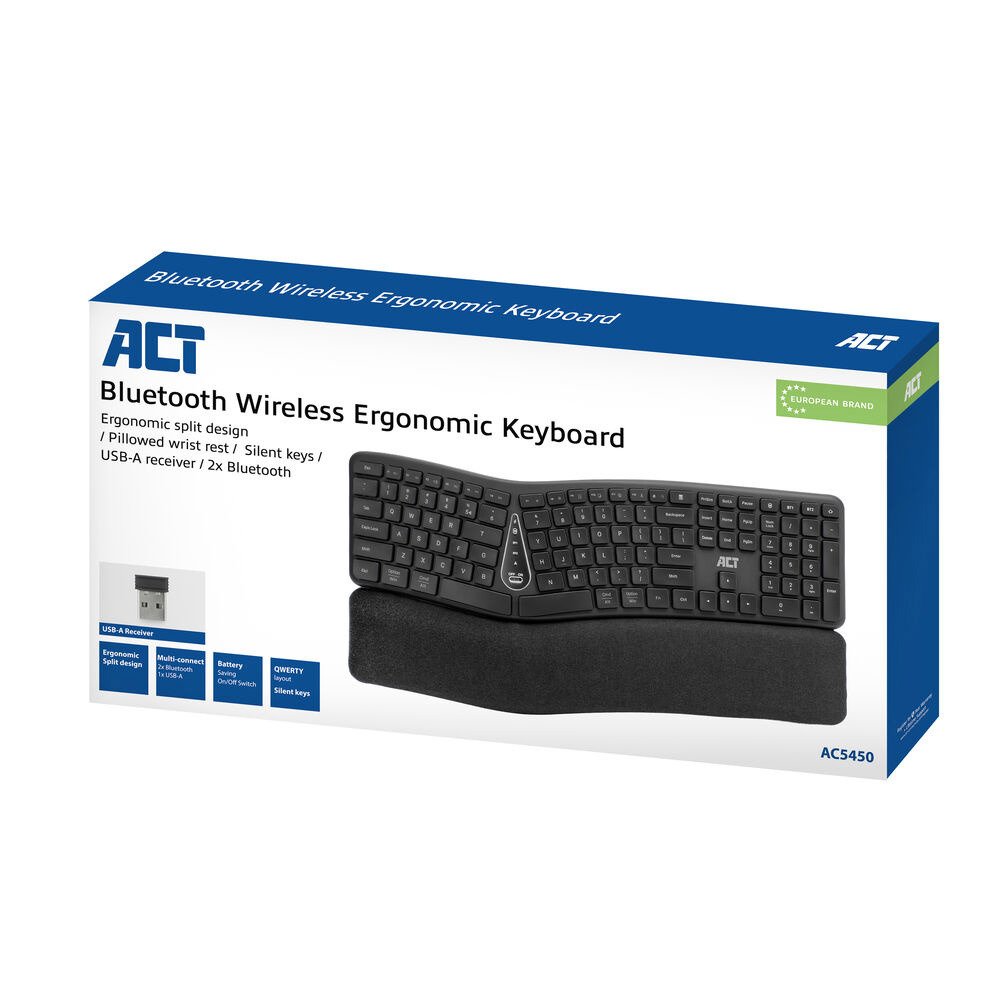 ACT AC5450 | Ergonomisch draadloos toetsenbord | Bluetooth + USB-A | Multi-Connect | Polssteun | QWERTY US | Donkergrijs