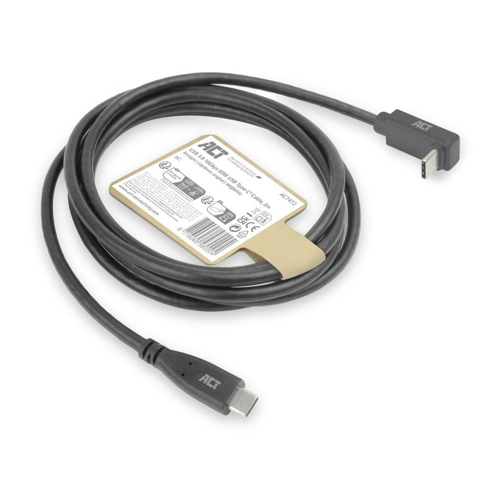 ACT AC7472 | USB 3.2 Gen 2 Kabel | USB-C (recht) naar USB-C (haaks boven/beneden) | 60W | 10Gbps | 2m | Zwart - Matmuis - Matmuis