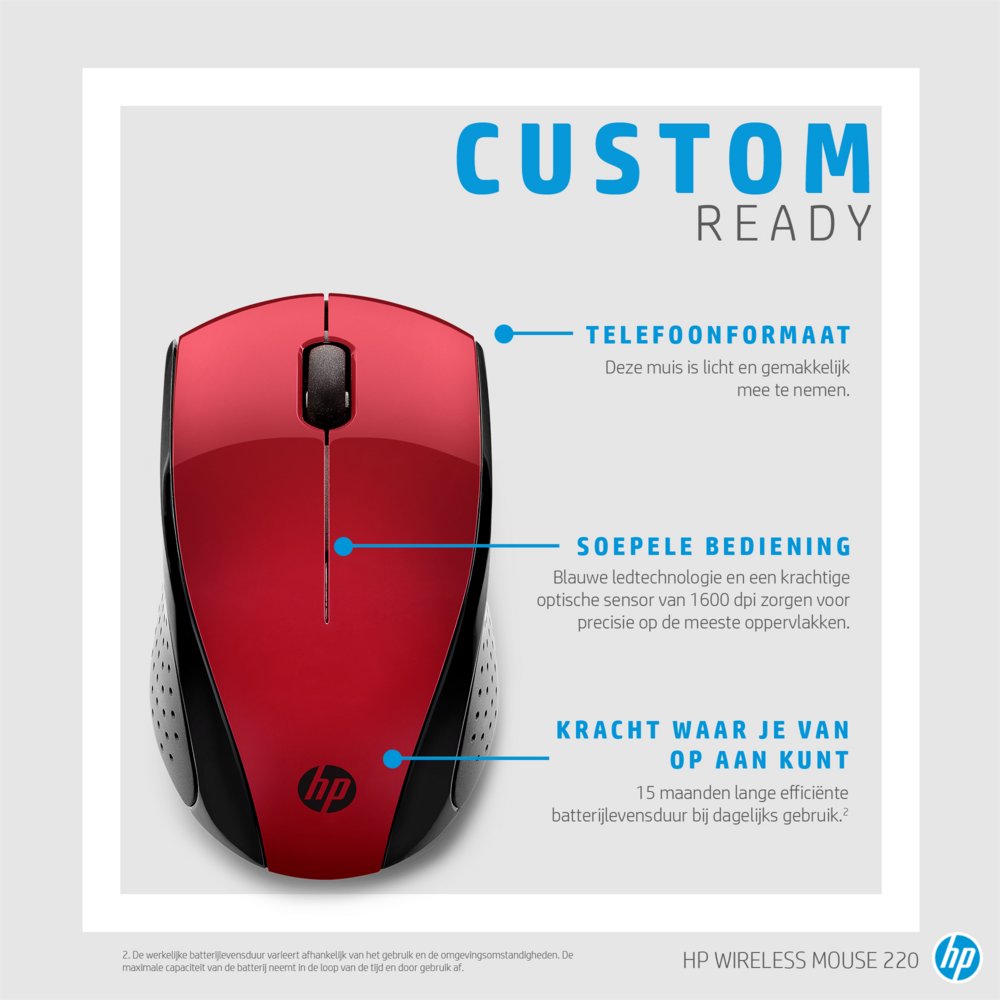 HP 220 | Draadloze Muis | Links- en Rechtshandig | RF | 1600 DPI | Rood - Matmuis - Matmuis
