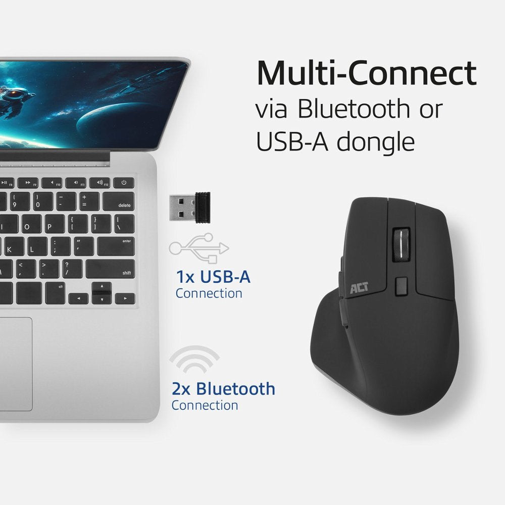 ACT AC5147 | Draadloze Multi-Connect Muis | Bluetooth en USB-A Ontvanger | Oplaadbaar | 4800 DPI | Stille Klik | Zwart - Matmuis - Matmuis