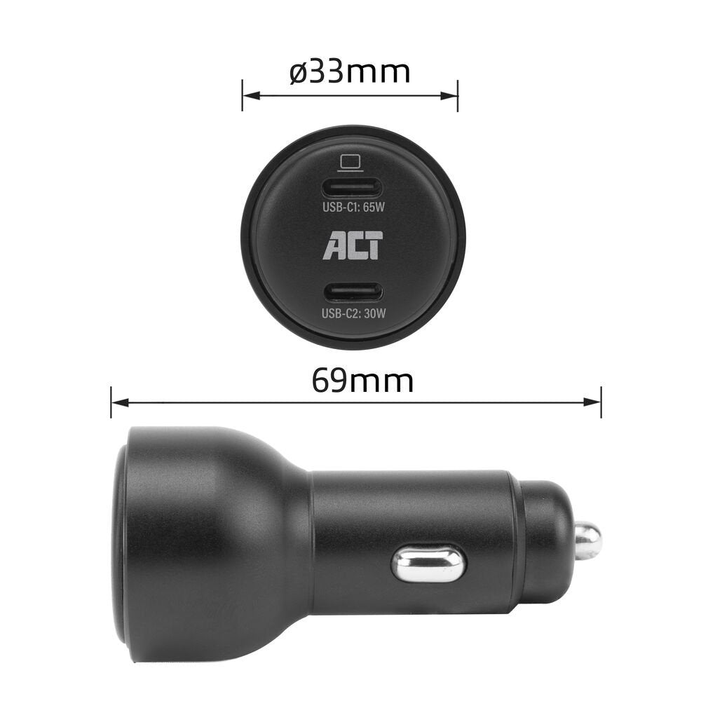 ACT AC2210 | 2 Poorts USB-C Autolader 95W | Power Delivery PPS & Quick Charge 5 | GaNFast
