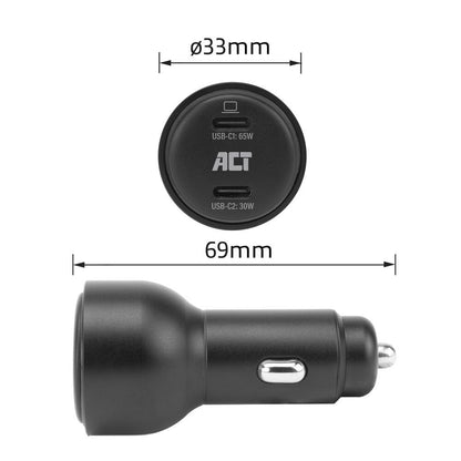 ACT AC2210 | 2 Poorts USB-C Autolader 95W | Power Delivery PPS & Quick Charge 5 | GaNFast