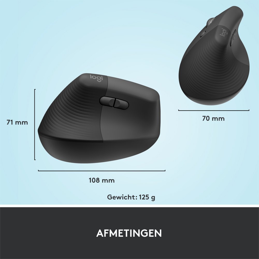 Logitech Lift | Ergonomische Draadloze Muis | Linkshandig | RF + Bluetooth | 4000 DPI | Grafiet - Matmuis - Matmuis